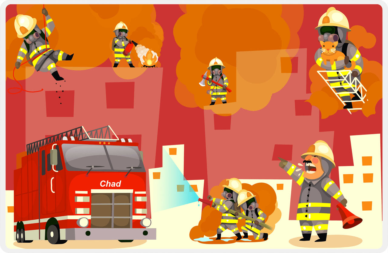 Personalized Fire Truck Placemat V - Fighting Fire - Red Background -  View