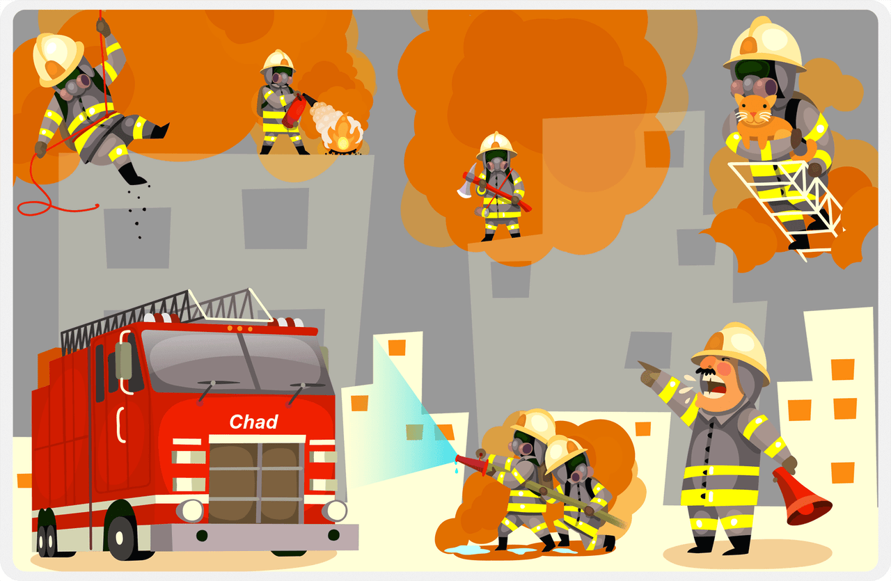 Personalized Fire Truck Placemat V - Fighting Fire - Grey Background -  View