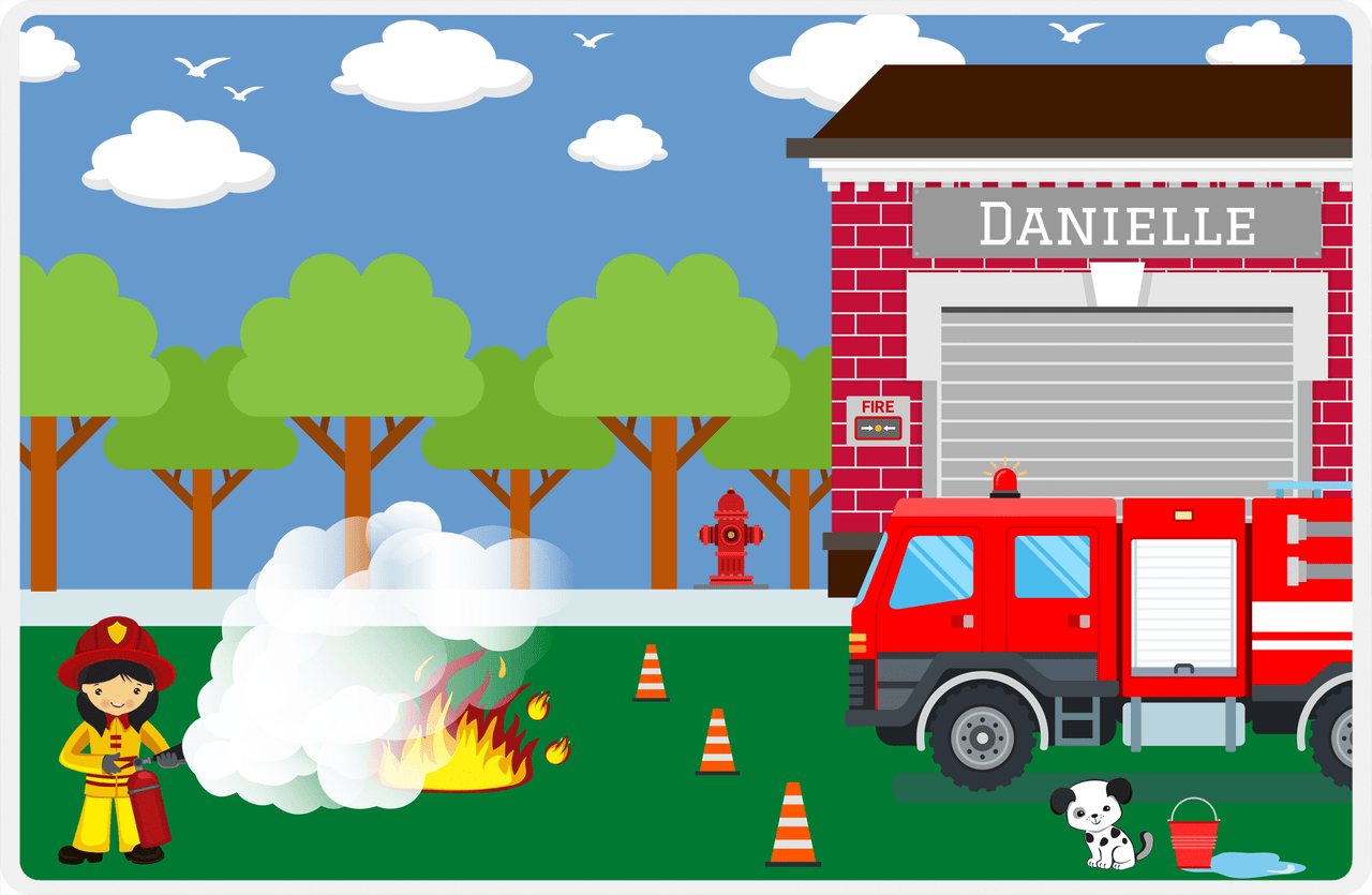 Personalized Fire Truck Placemat VII - Name on Fire Station - Asian Girl -  View