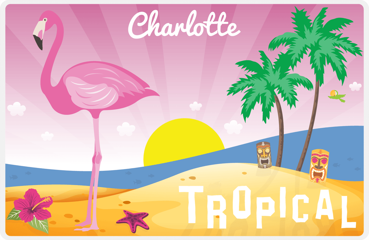 Personalized Flamingos Placemat III - Tiki Beach - Pink Background -  View
