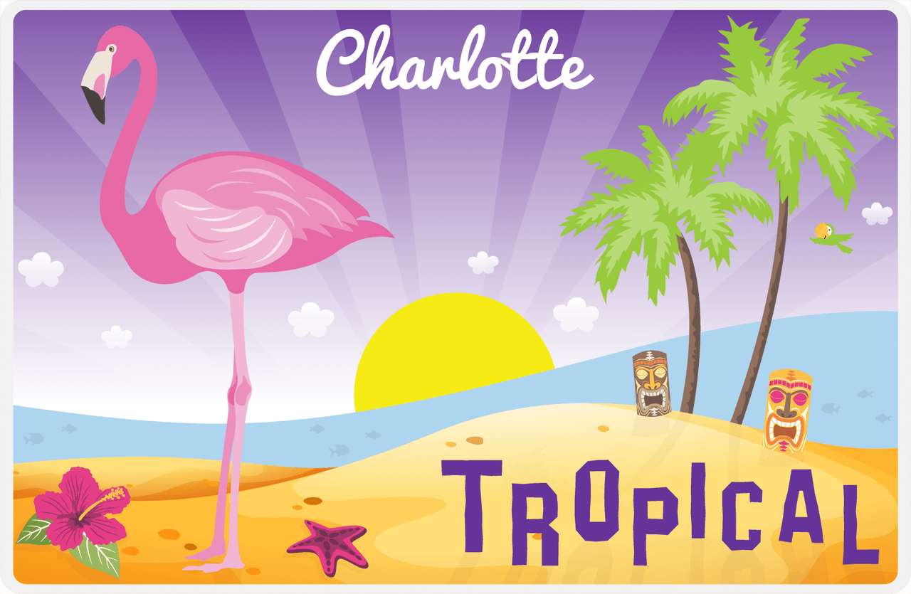 Personalized Flamingos Placemat III - Tiki Beach - Purple Background -  View
