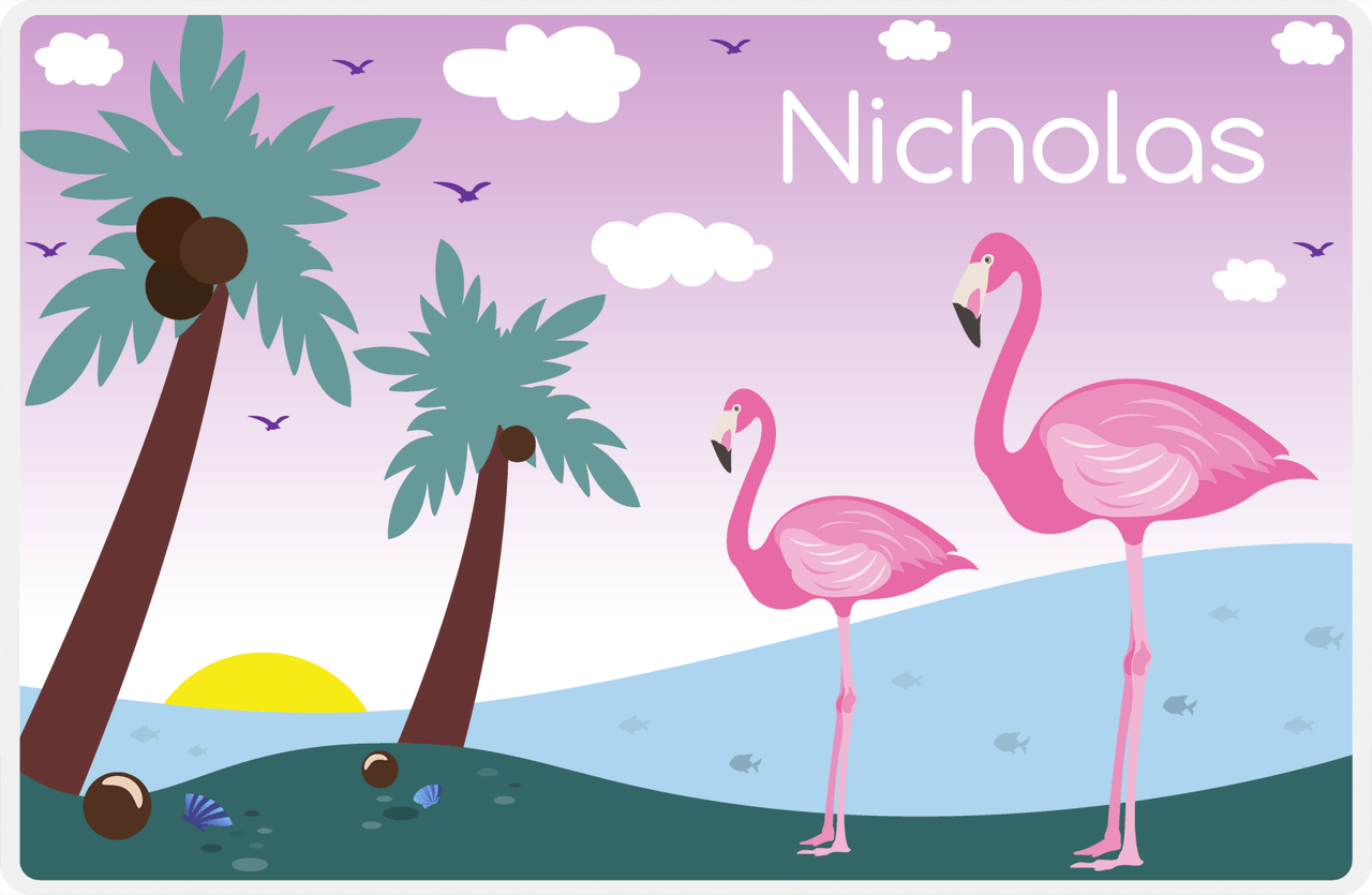 Personalized Flamingos Placemat IV - Coconut Beach - Purple Background -  View