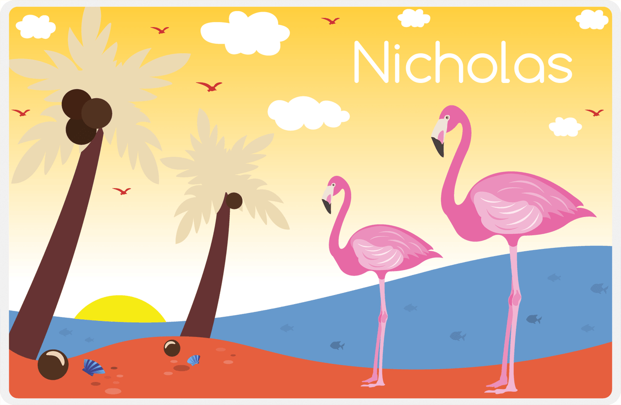 Personalized Flamingos Placemat IV - Coconut Beach - Yellow Background -  View