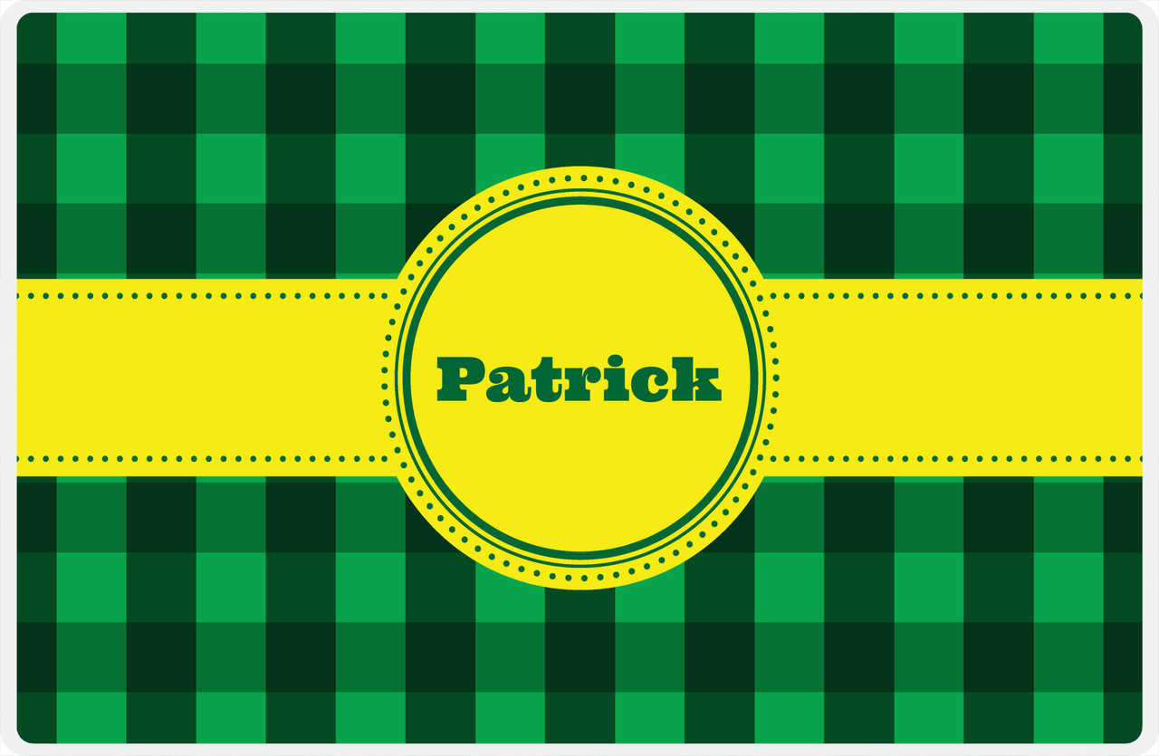 Personalized Flannel / Plaid Placemat I - Green Background - Circle Ribbon Nameplate -  View
