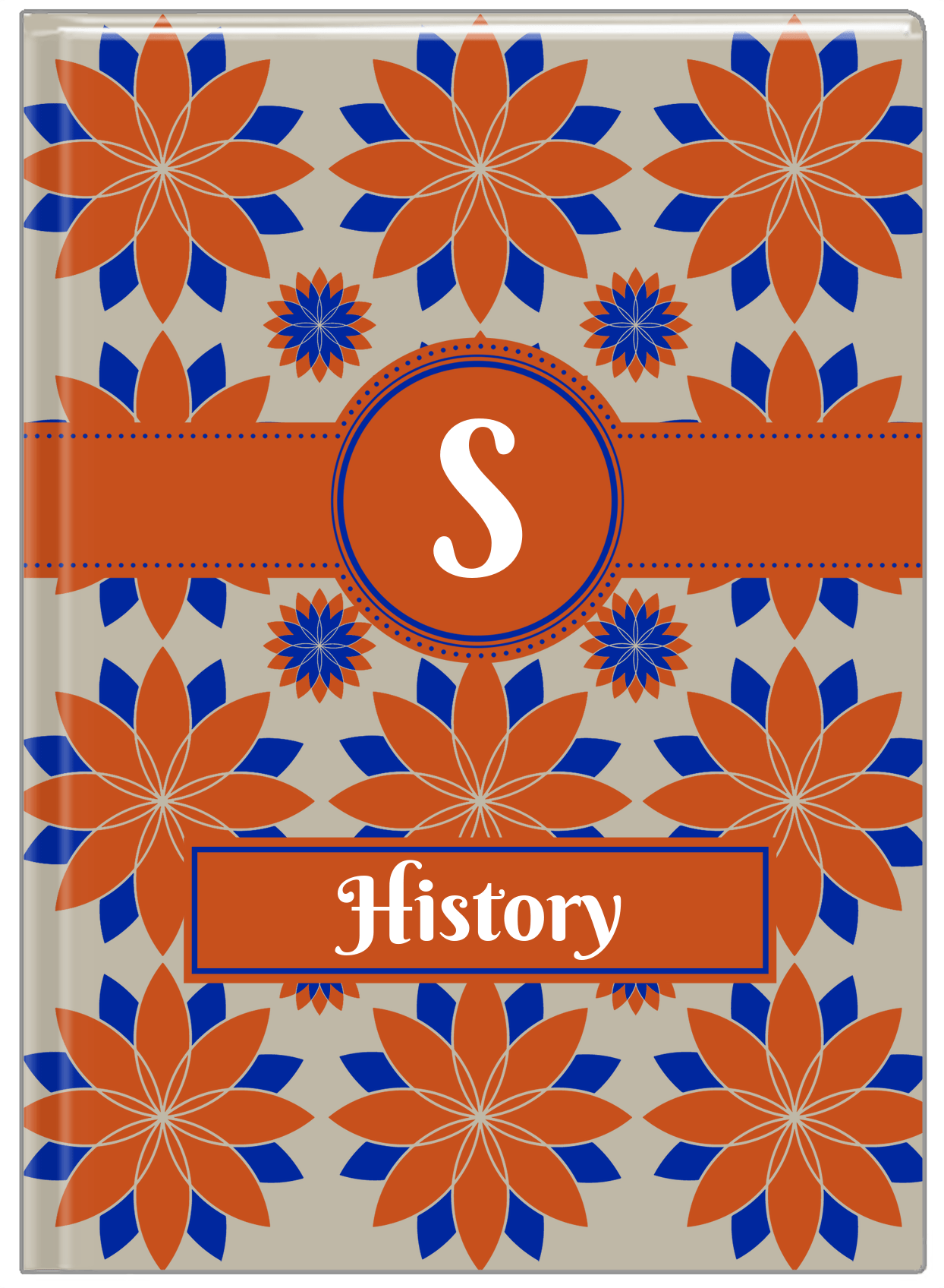 Personalized Flower Burst Journal - Orange and Blue - Circle Ribbon Nameplate - Front View