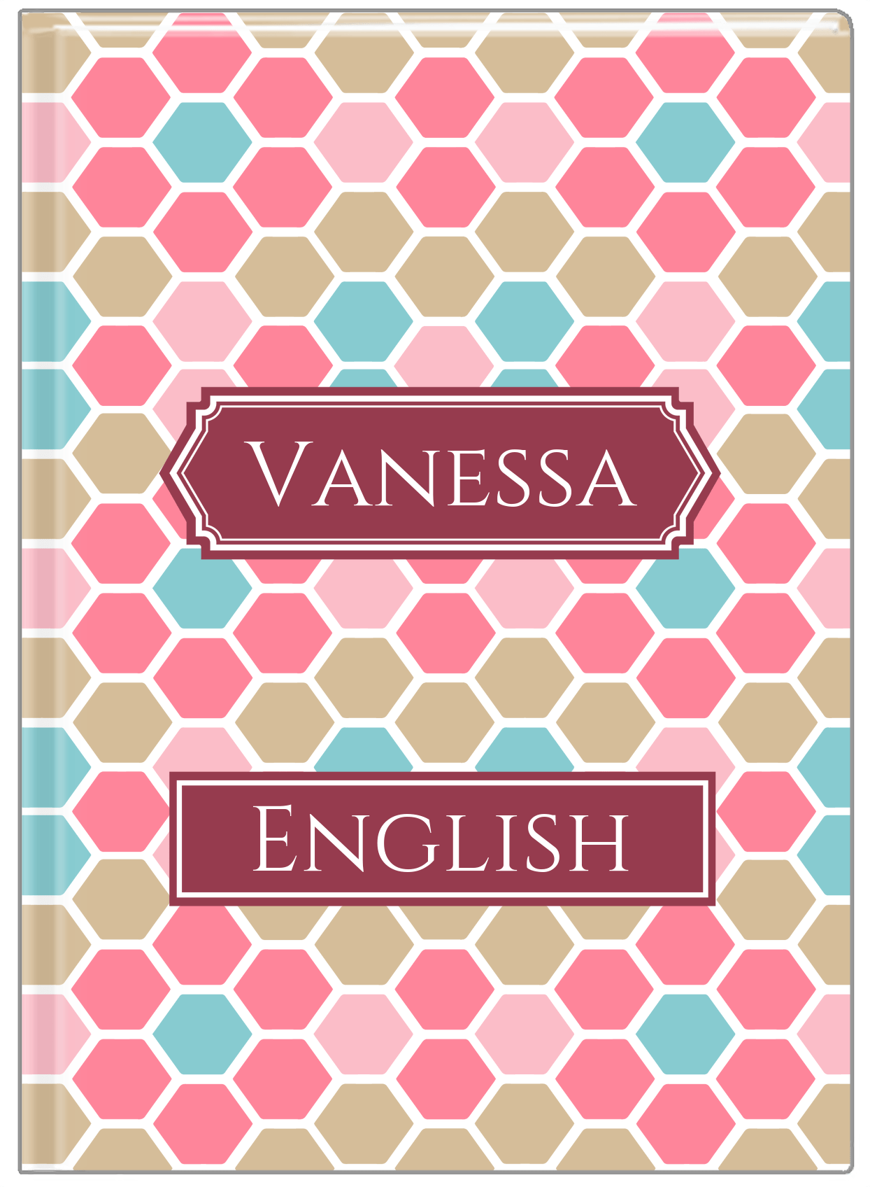 Personalized Flower Comb Journal - Pink and Teal - Decorative Rectangle Nameplate - Front View
