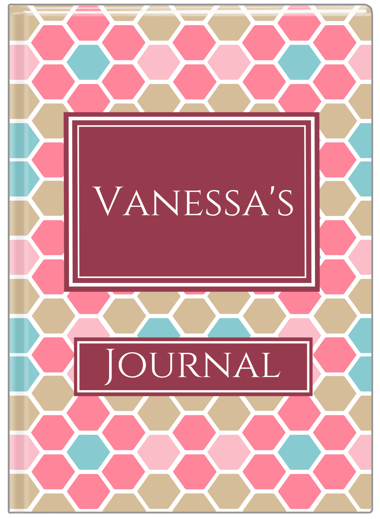 Personalized Flower Comb Journal - Pink and Teal - Rectangle Nameplate - Front View