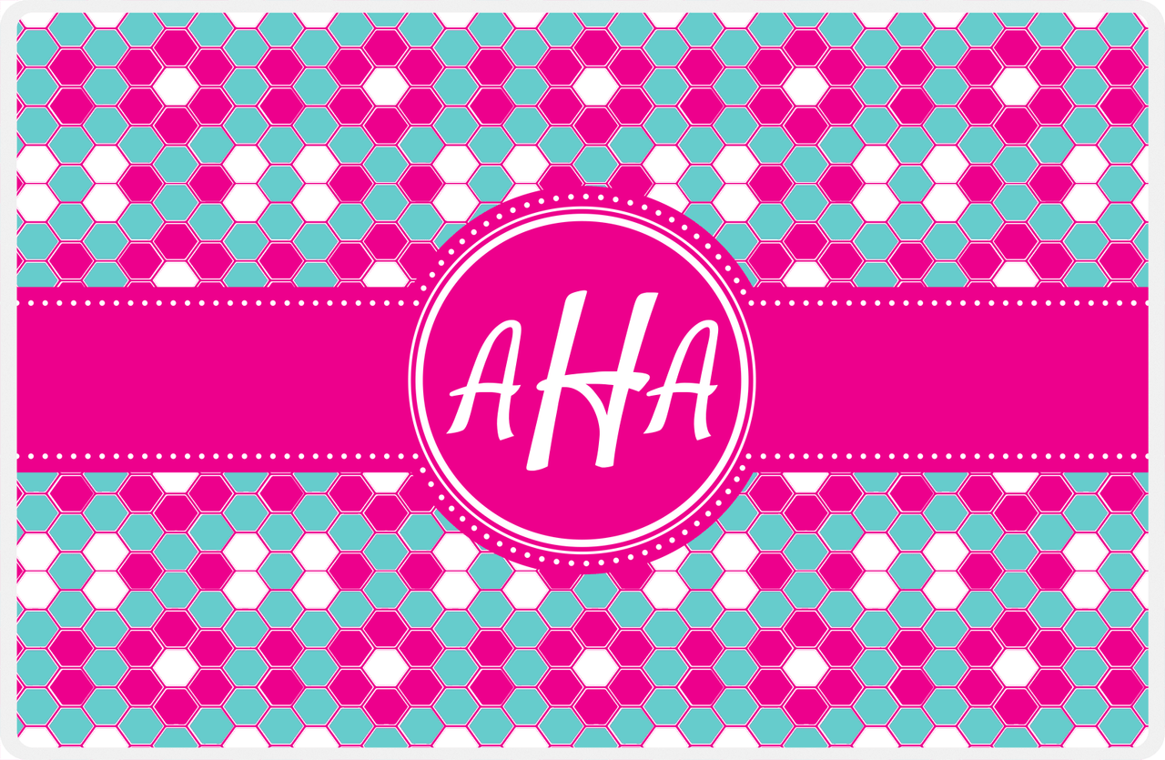 Personalized Flower Comb Placemat - Viking Blue and White - Hot Pink Circle Frame With Ribbon -  View