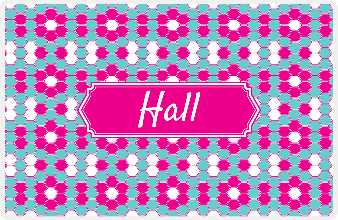 Personalized Flower Comb Placemat - Viking Blue and White - Hot Pink Decorative Rectangle Frame -  View