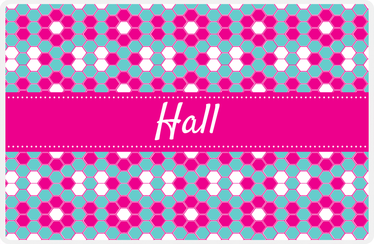 Personalized Flower Comb Placemat - Viking Blue and White - Hot Pink Ribbon Frame -  View