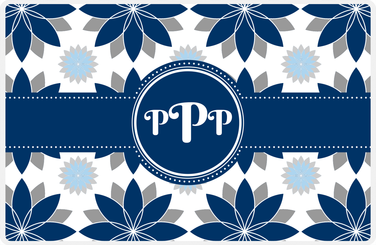 Personalized Flower Burst Placemat - Light Grey and White - Navy Circle Frame with Ribbon -  View