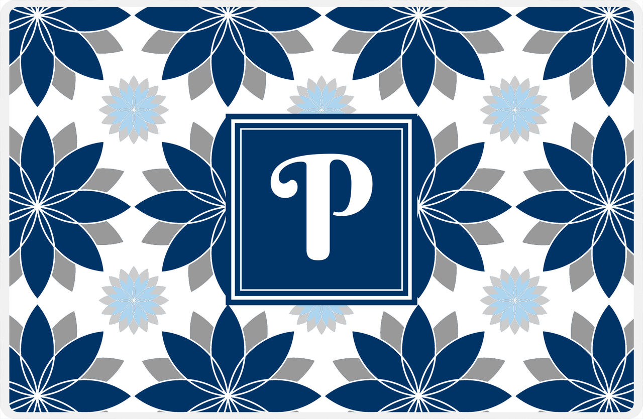 Personalized Flower Burst Placemat - Light Grey and White - Navy Square Frame -  View