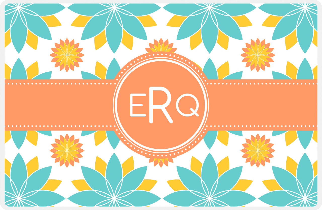 Personalized Flower Burst Placemat - Viking Blue and Mustard - Tangerine Circle Frame with Ribbon -  View