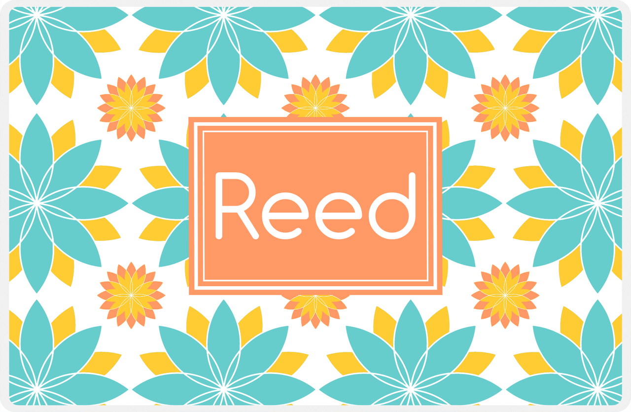 Personalized Flower Burst Placemat - Viking Blue and Mustard - Tangerine Rectangle Frame -  View