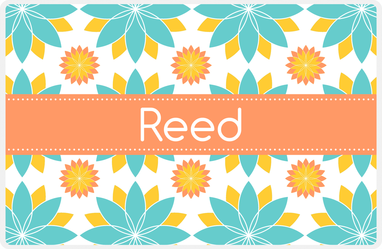 Personalized Flower Burst Placemat - Viking Blue and Mustard - Tangerine Ribbon Frame -  View