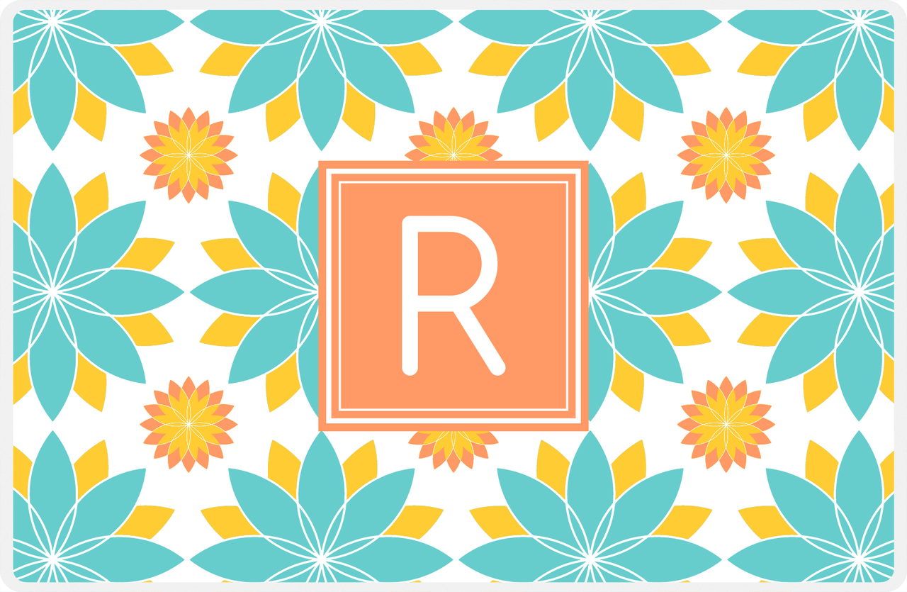 Personalized Flower Burst Placemat - Viking Blue and Mustard - Tangerine Square Frame -  View