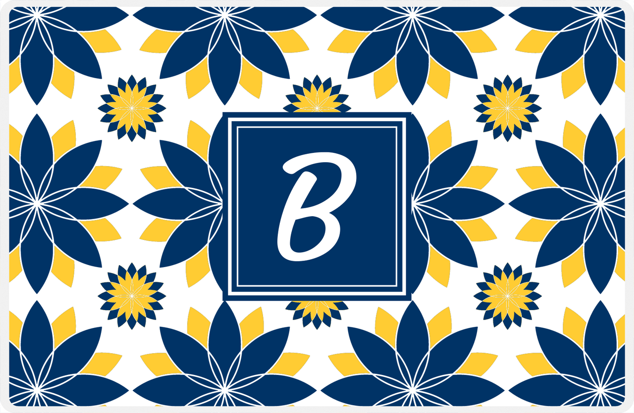 Personalized Flower Burst Placemat - Navy and Mustard - Navy Square Frame -  View