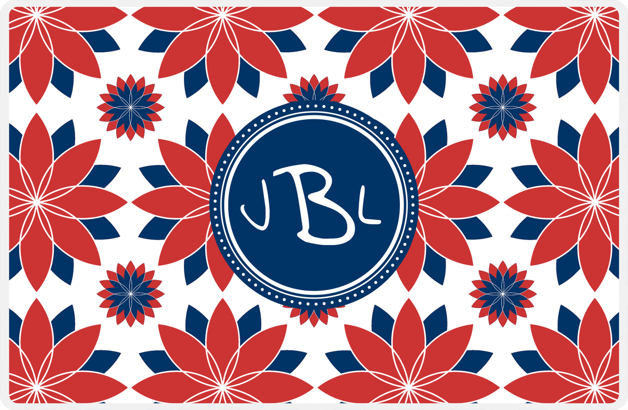 Personalized Flower Burst Placemat - Cherry Red and White - Navy Circle Frame -  View