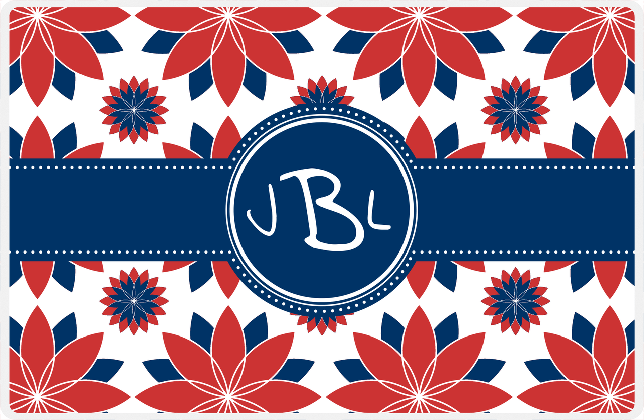 Personalized Flower Burst Placemat - Cherry Red and White - Navy Circle Frame with Ribbon -  View