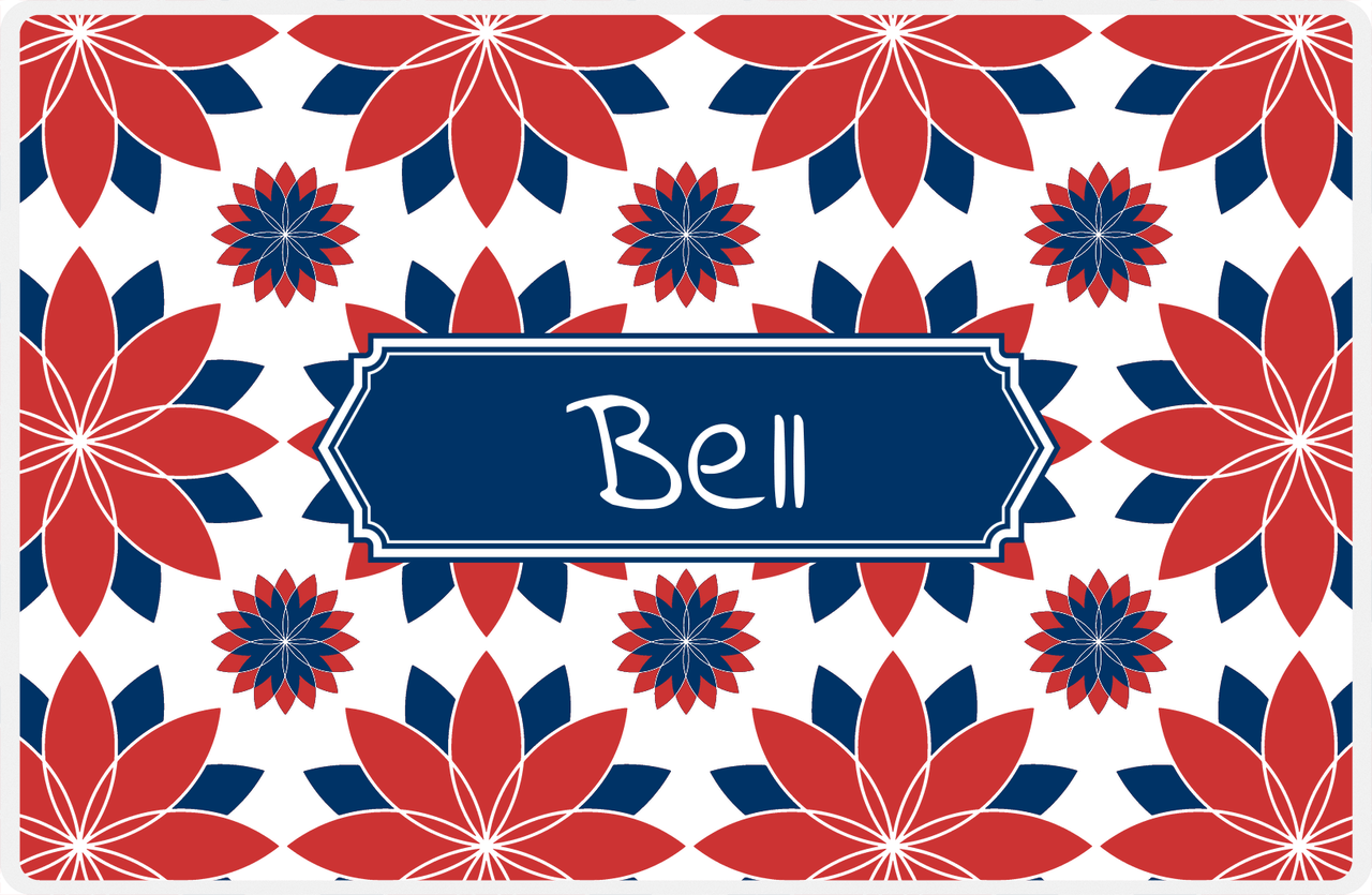 Personalized Flower Burst Placemat - Cherry Red and White - Navy Decorative Rectangle Frame -  View