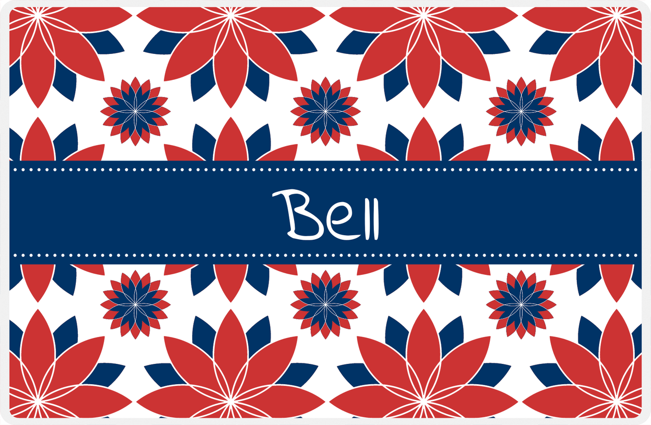 Personalized Flower Burst Placemat - Cherry Red and White - Navy Ribbon Frame -  View