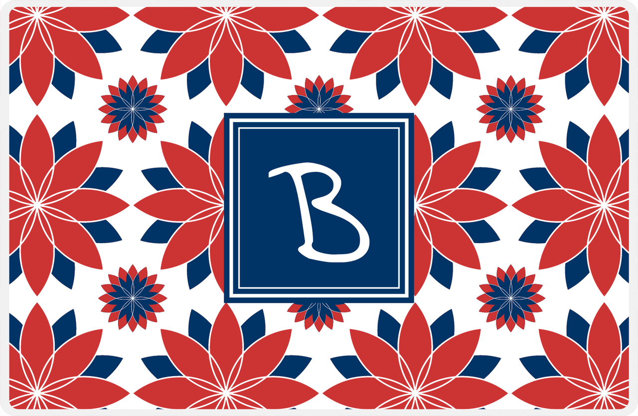 Personalized Flower Burst Placemat - Cherry Red and White - Navy Square Frame -  View
