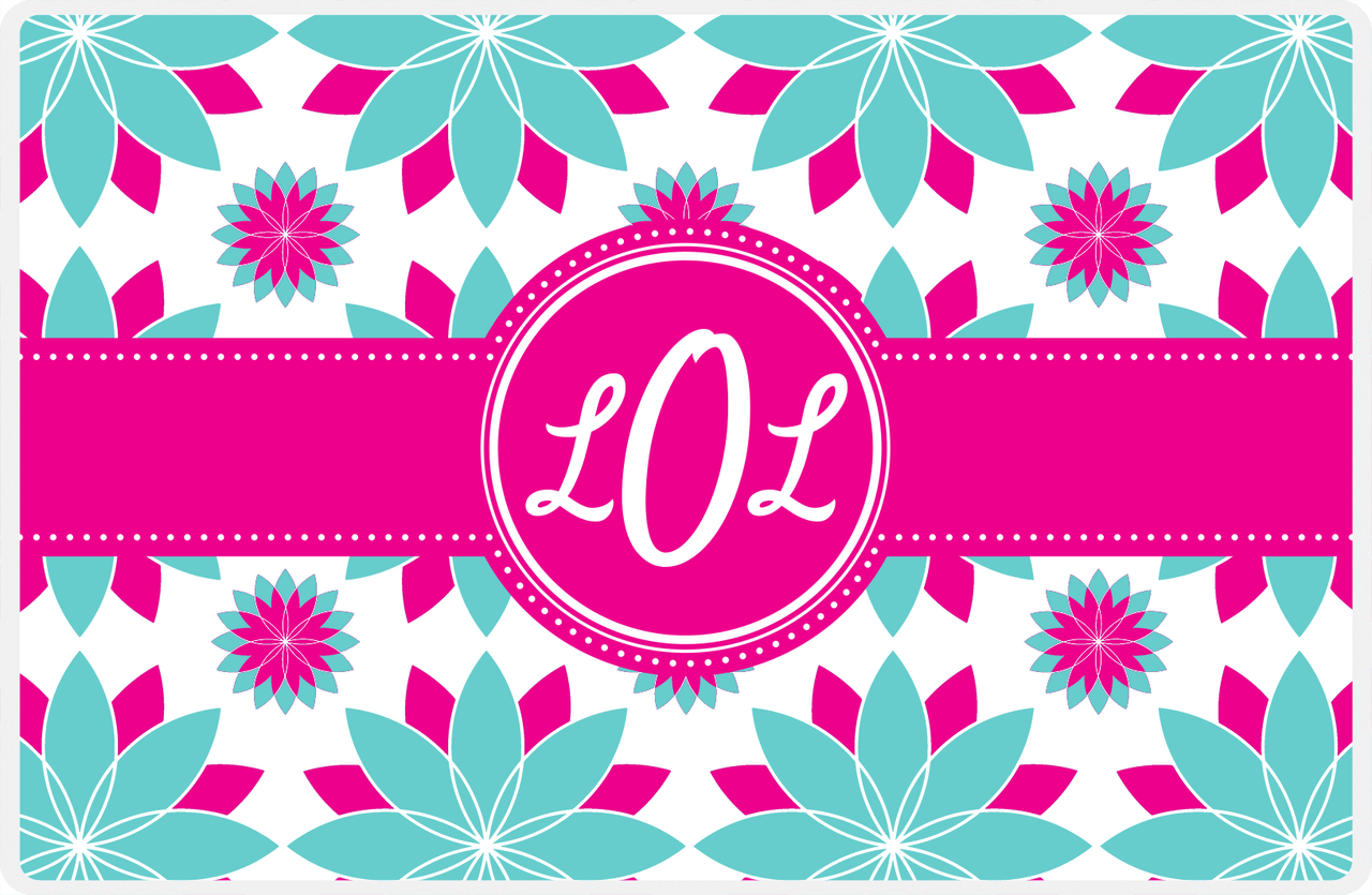 Personalized Flower Burst Placemat - Viking Blue and White - Hot Pink Circle Frame with Ribbon -  View