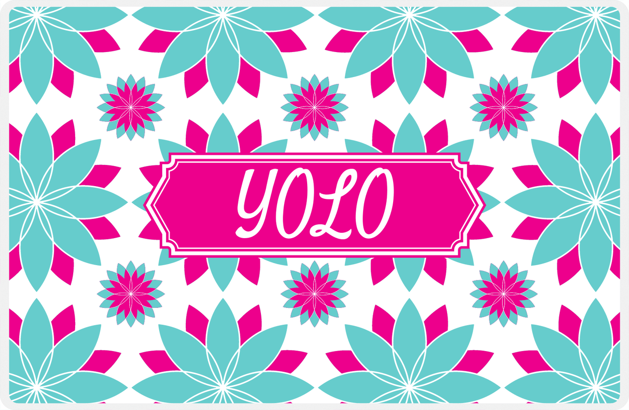 Personalized Flower Burst Placemat - Viking Blue and White - Hot Pink Decorative Rectangle Frame -  View