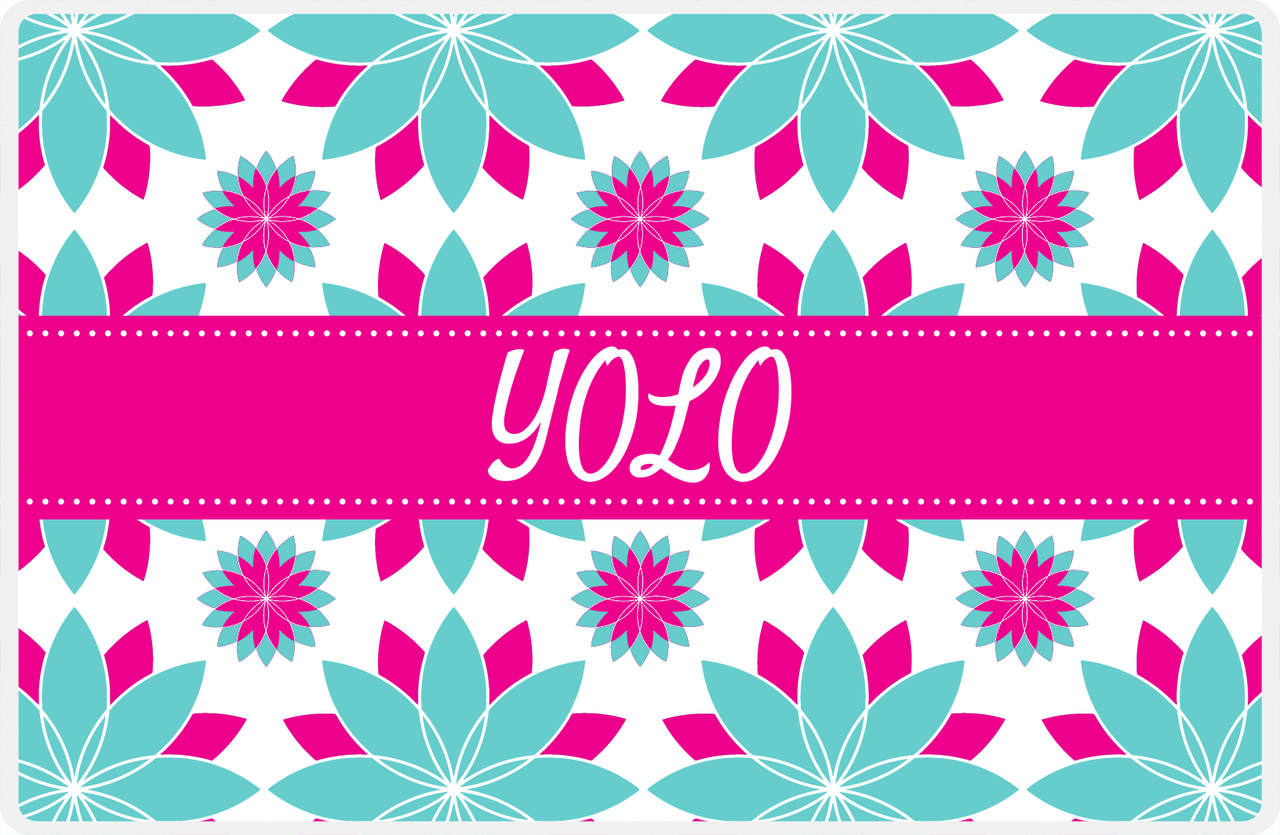Personalized Flower Burst Placemat - Viking Blue and White - Hot Pink Ribbon Frame -  View