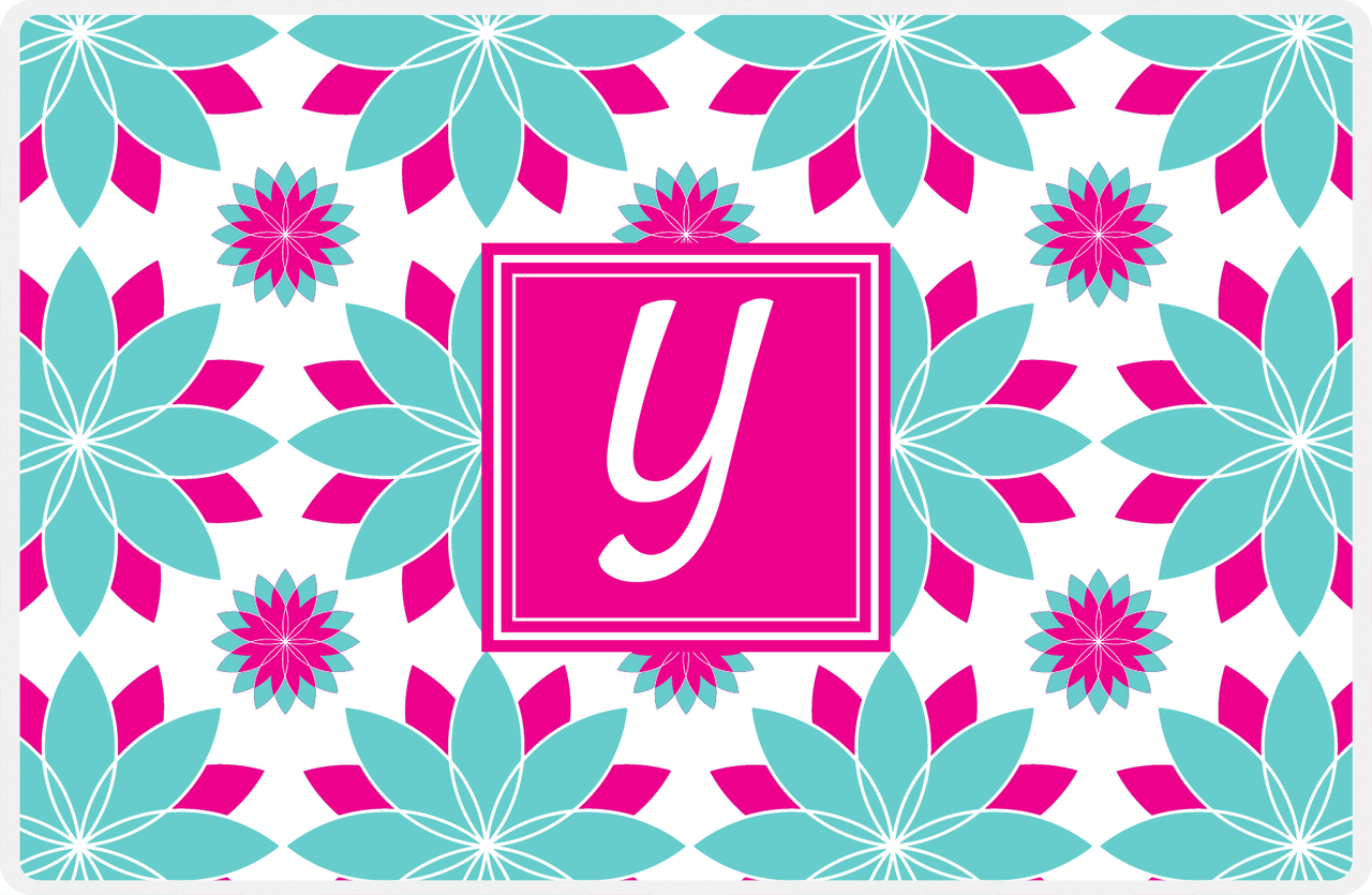 Personalized Flower Burst Placemat - Viking Blue and White - Hot Pink Square Frame -  View