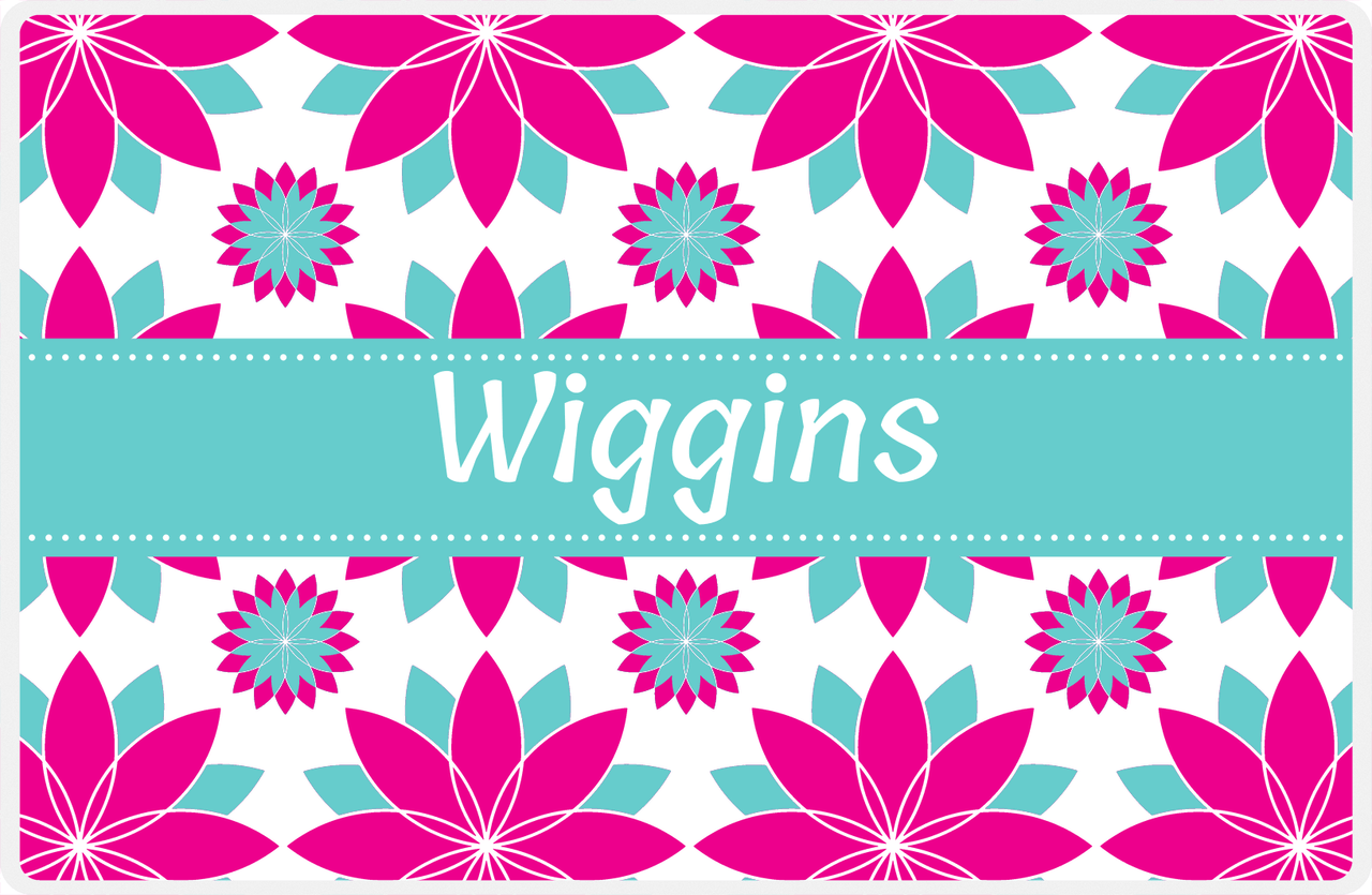Personalized Flower Burst Placemat - Hot Pink and White - Viking Blue Ribbon Frame -  View