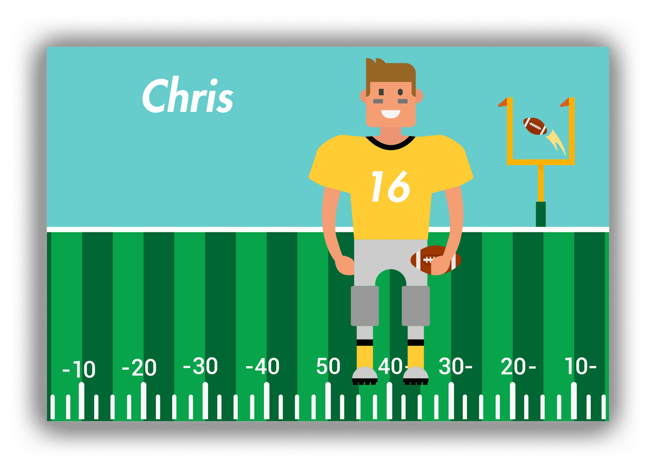 Personalized Football Canvas Wrap & Photo Print I - Teal Background - Brown Hair Boy - Front View