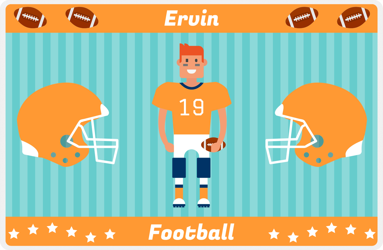 Personalized Football Placemat V - Teal Background - Red Hair Boy -  View