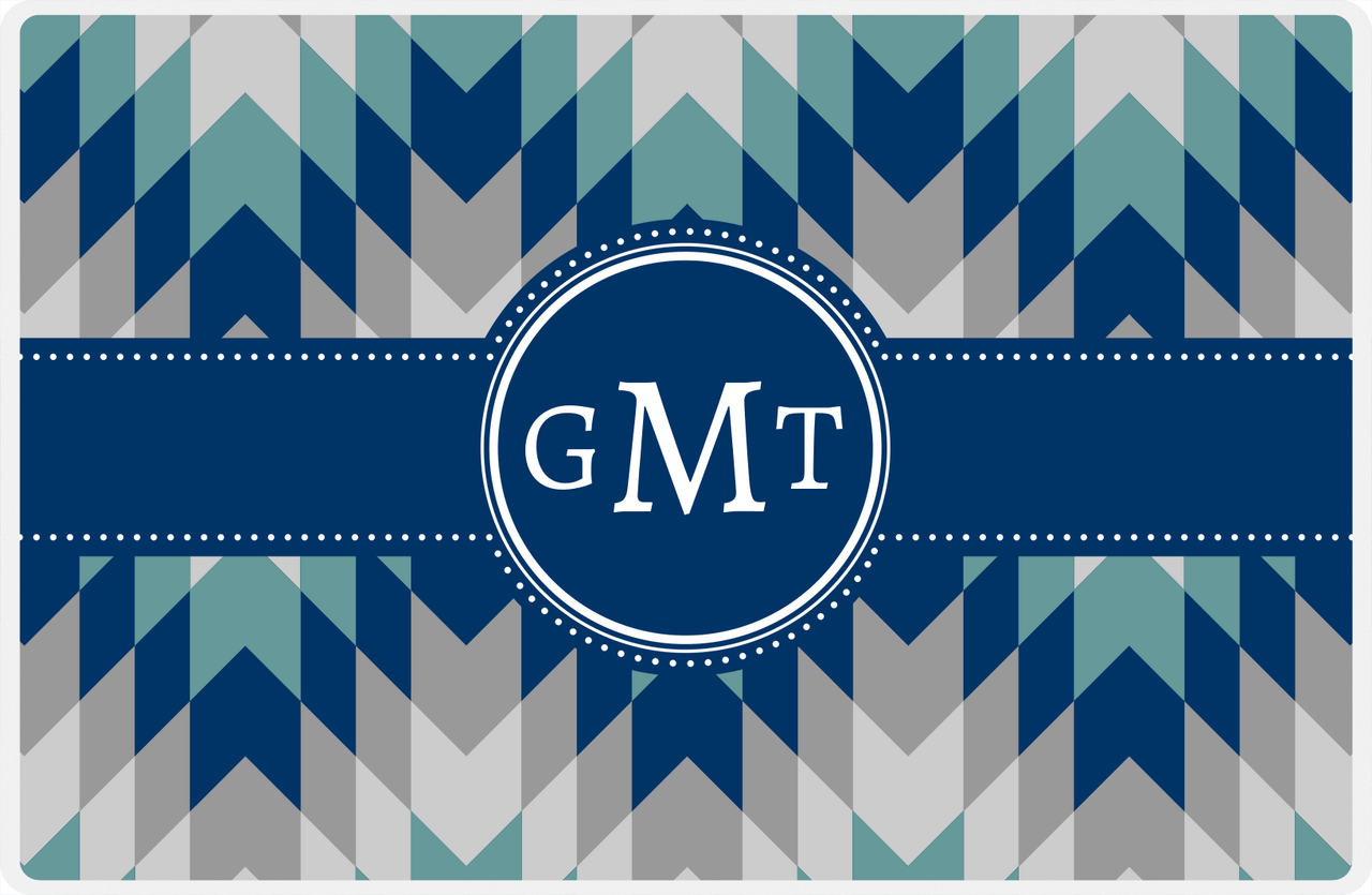 Personalized Funky Arrows Placemat - Light Grey and White - Navy Circle Frame with Ribbon -  View