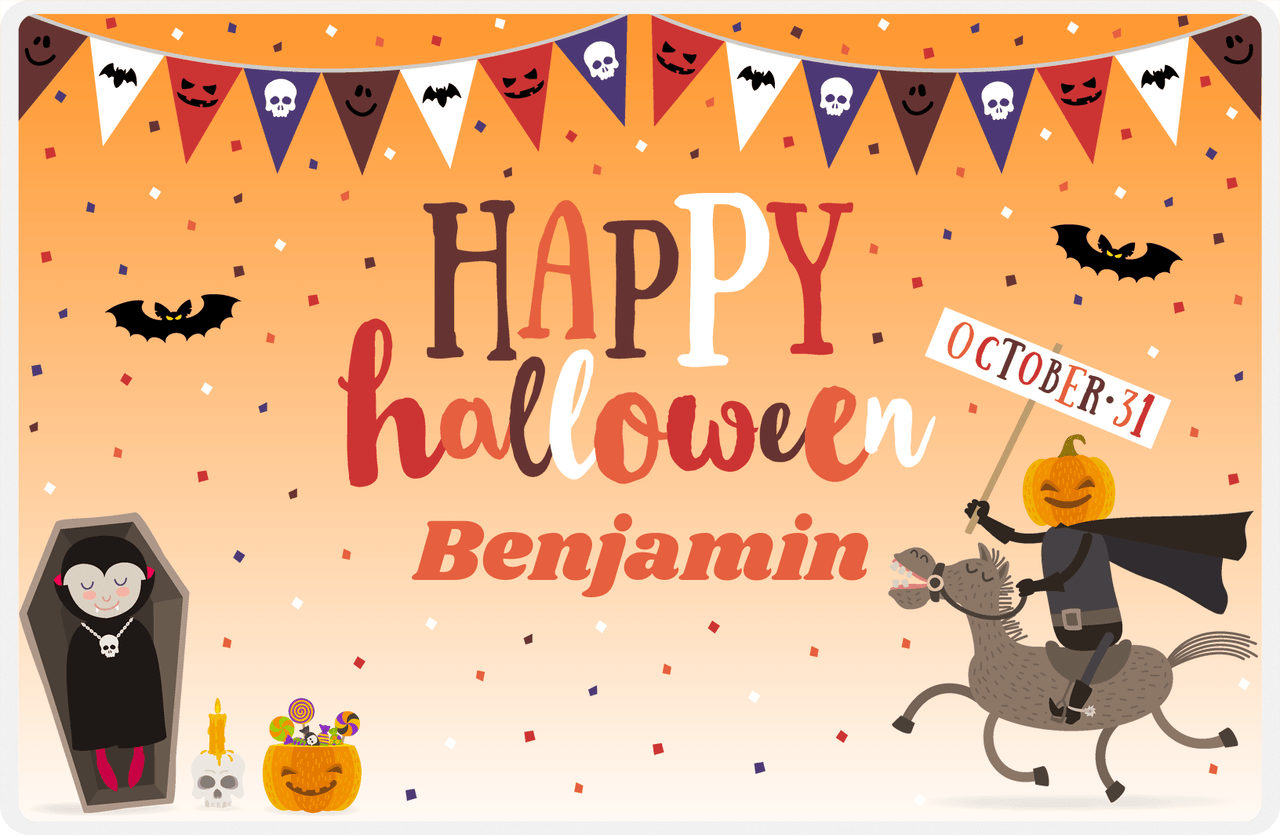 Personalized Halloween Placemat XV - Drac's Confetti - Orange Background -  View