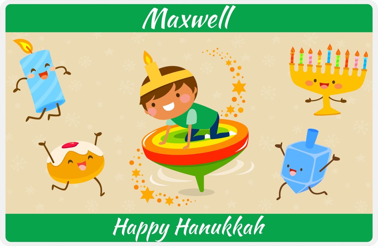 Personalized Hanukkah Placemat IV - Rainbow Dreidel - Black Boy I -  View