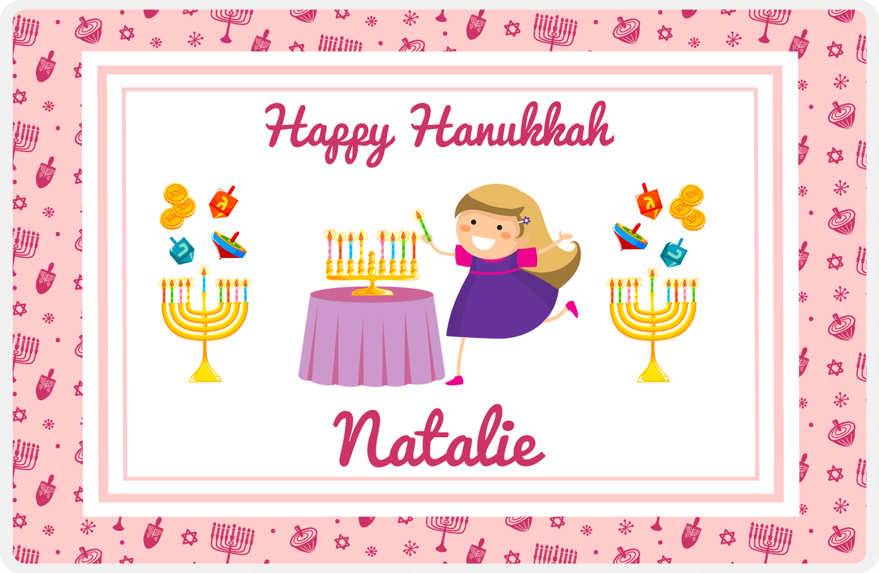 Personalized Hanukkah Placemat IX - Menorah Lighting - Blonde Girl -  View