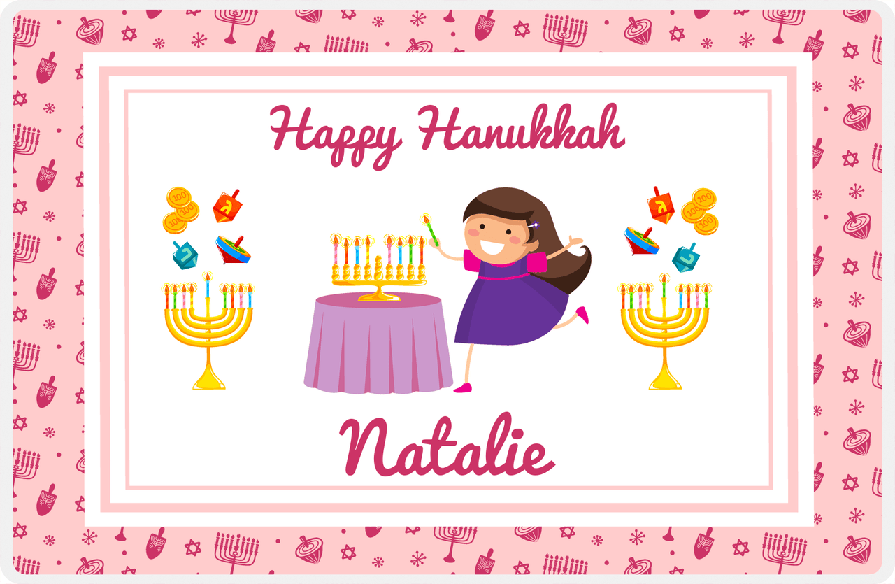 Personalized Hanukkah Placemat IX - Menorah Lighting - Brunette Girl -  View