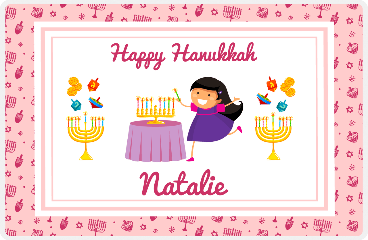 Personalized Hanukkah Placemat IX - Menorah Lighting - Black Hair Girl -  View