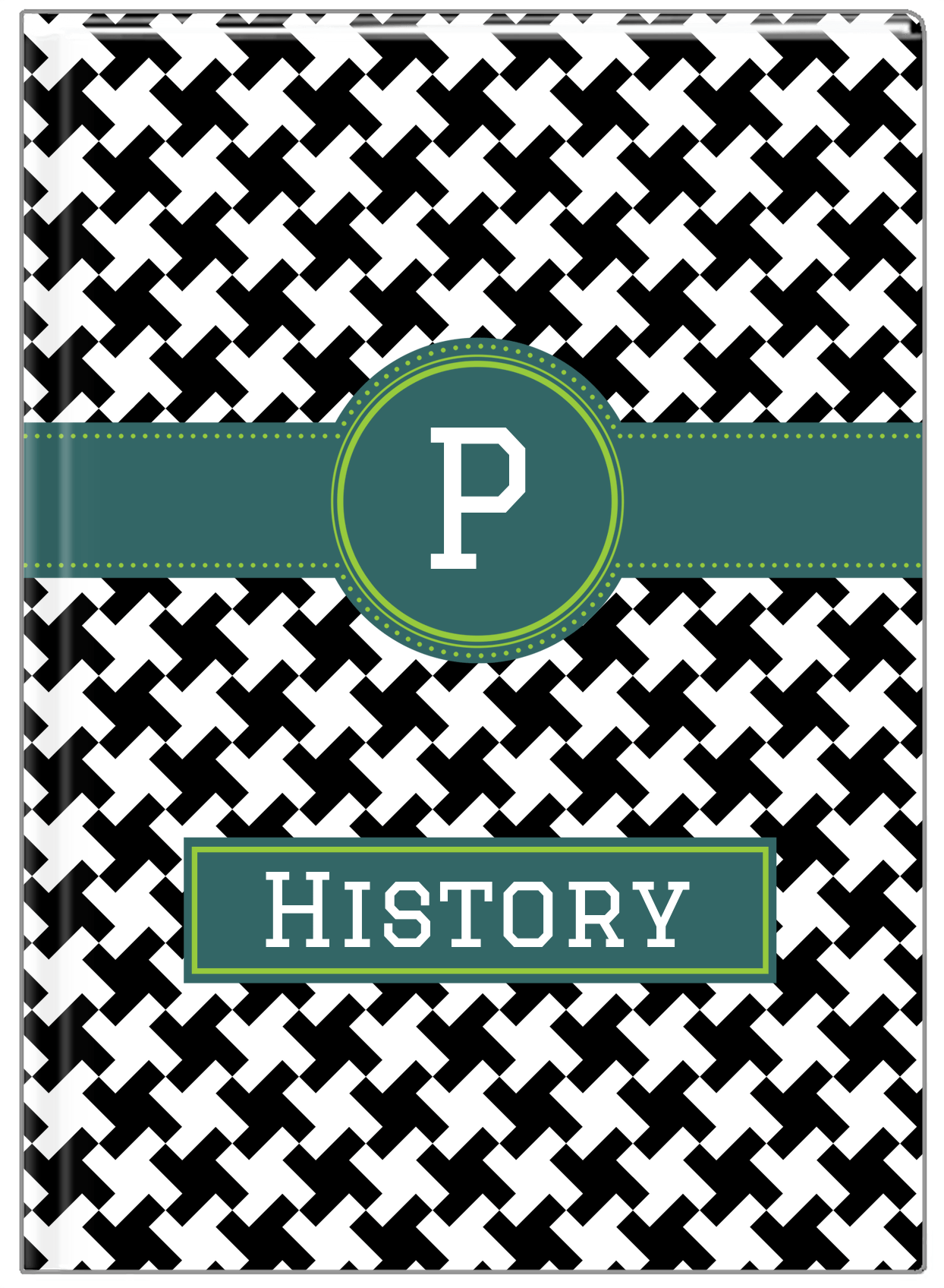 Personalized Houndstooth II Journal - Black and White - Circle Ribbon Nameplate - Front View