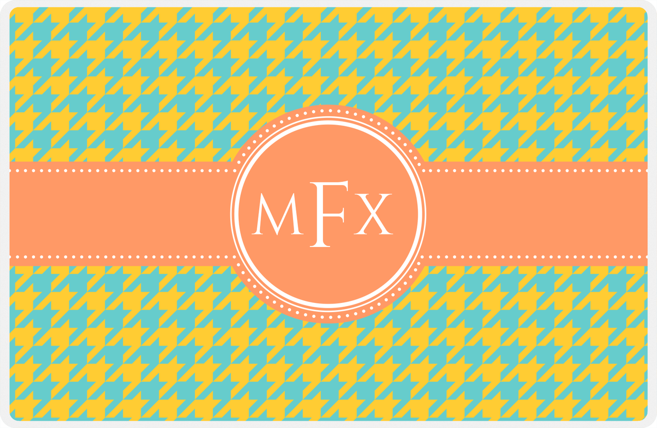 Personalized Houndstooth Placemat - Viking Blue and Mustard - Tangerine Circle Frame with Ribbon -  View