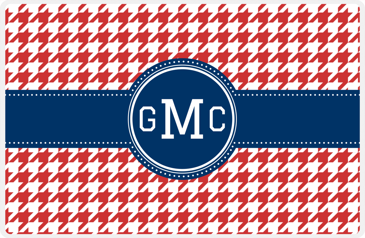 Personalized Houndstooth Placemat - Cherry Red and White - Navy Circle Frame with Ribbon -  View