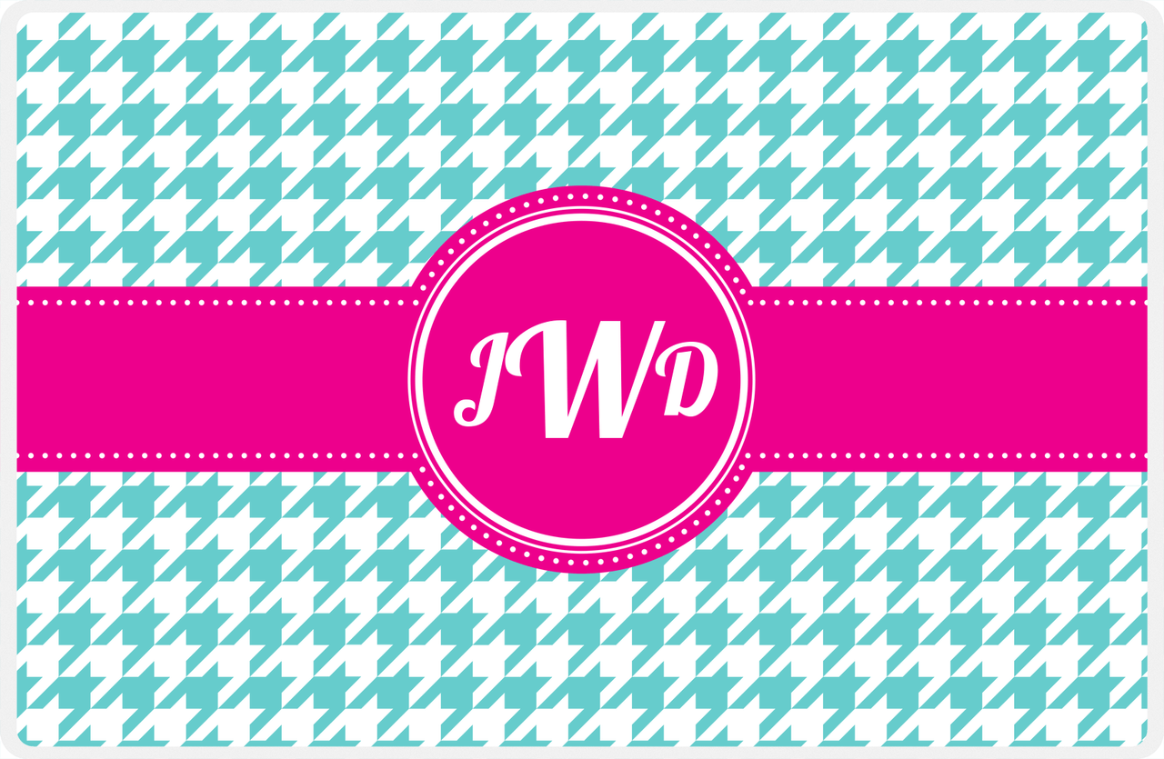 Personalized Houndstooth Placemat - Viking Blue and White - Hot Pink Circle Frame with Ribbon -  View