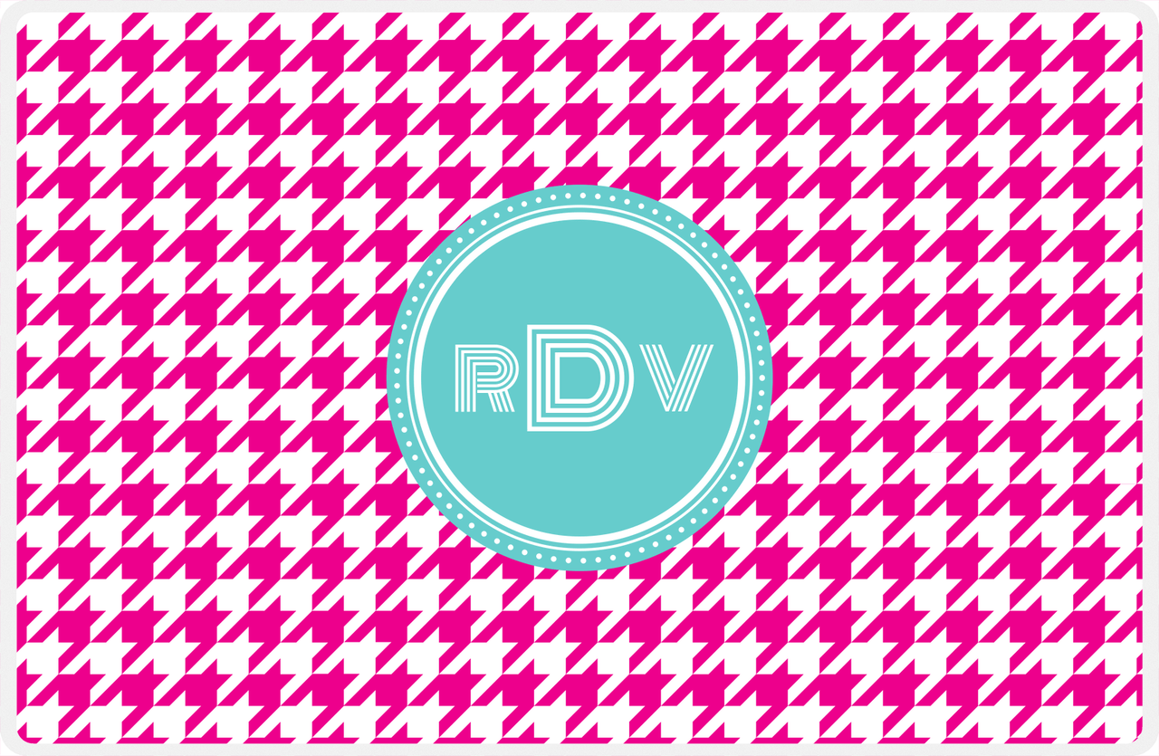 Personalized Houndstooth Placemat - Hot Pink and White - Viking Blue Circle Frame -  View