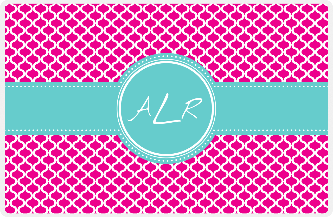 Personalized Hourglass Placemat - Hot Pink and White - Viking Blue Circle Frame With Ribbon -  View