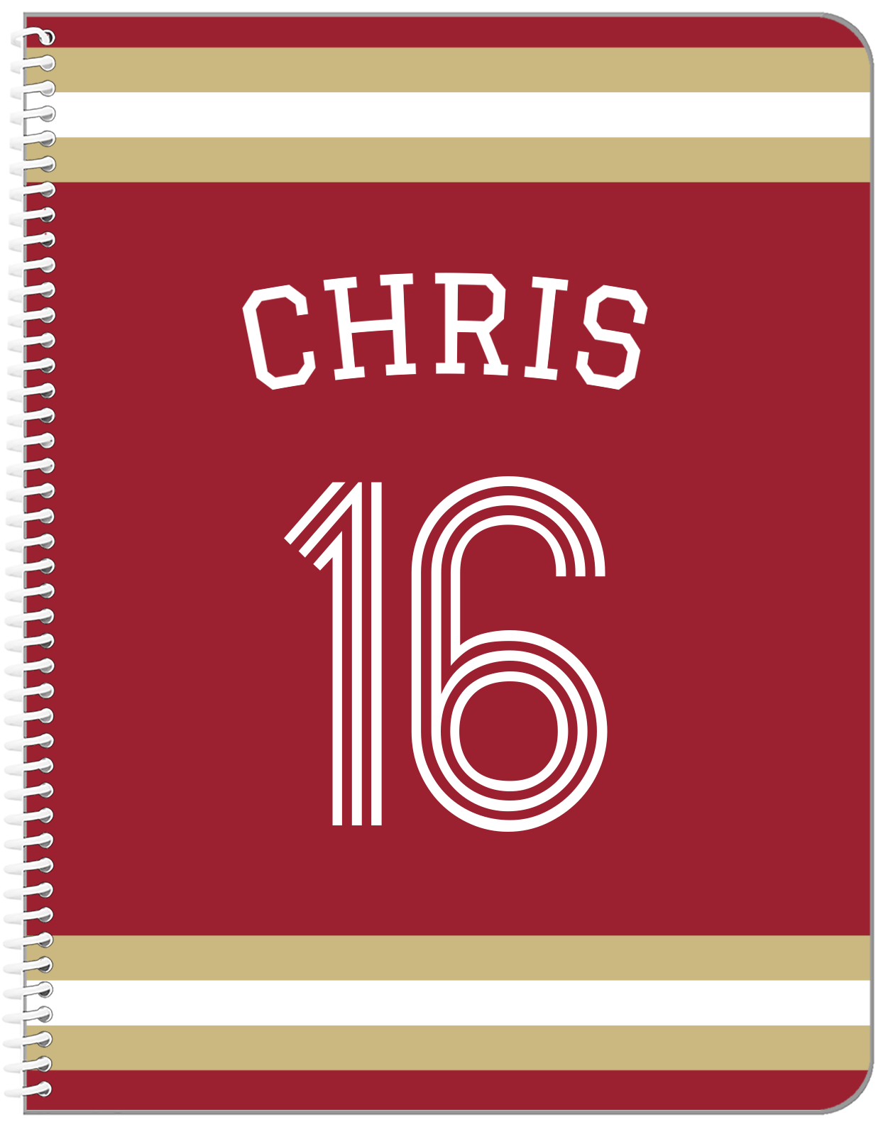Personalized Jersey Number Notebook with Arched Name - Red and Gold - Single Stripe - Front View