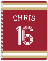 Thumbnail for Personalized Jersey Number Notebook with Arched Name - Red and Gold - Single Stripe - Front View