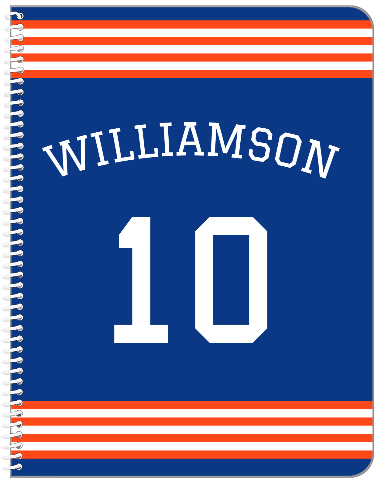 Personalized Jersey Number Notebook with Arched Name - Blue and Orange - Triple Stripe - Front View