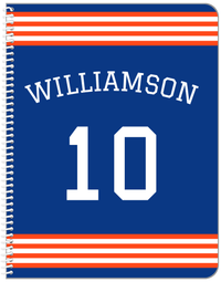 Thumbnail for Personalized Jersey Number Notebook with Arched Name - Blue and Orange - Triple Stripe - Front View