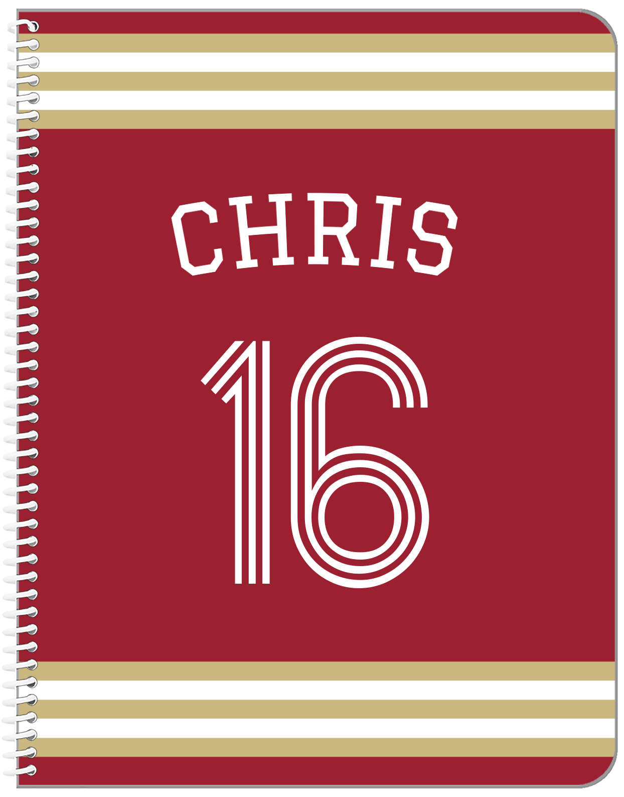 Personalized Jersey Number Notebook with Arched Name - Red and Gold - Double Stripe - Front View